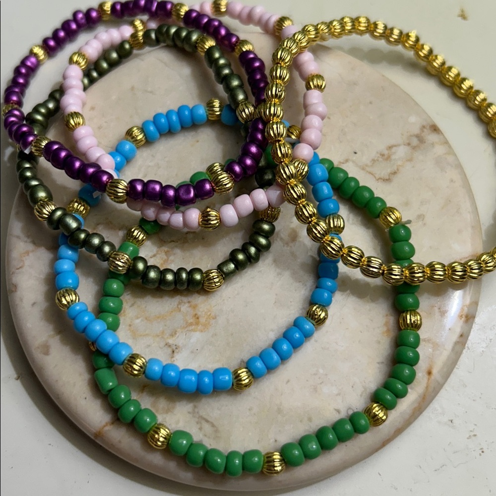 Gold & Turquoise Beaded Stretch Bracelet Set